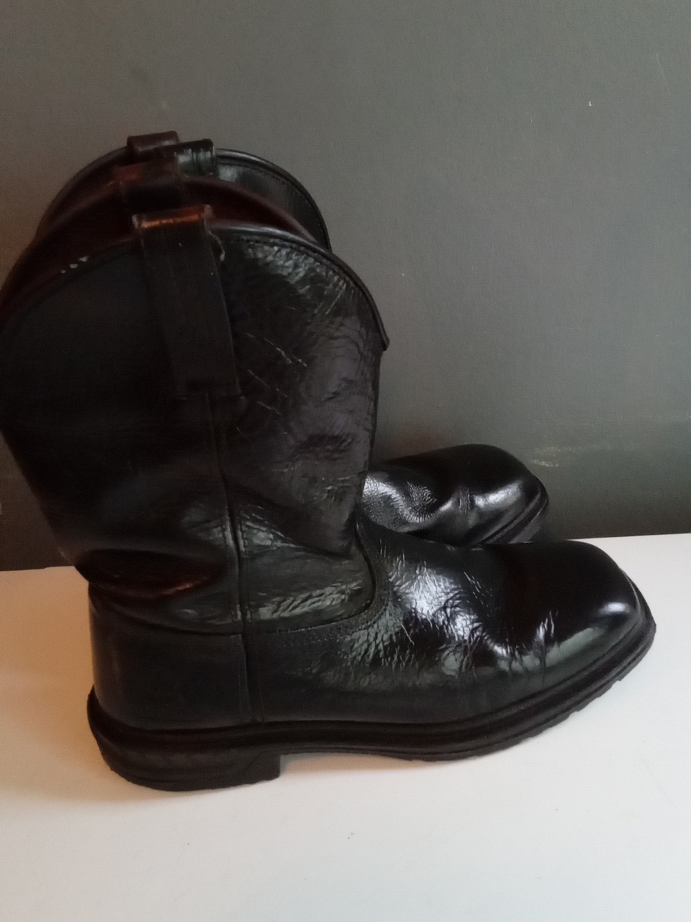 Rocky‎ Mens Black Leather Square Toe Western Work Boots Slip Resistant Pull On